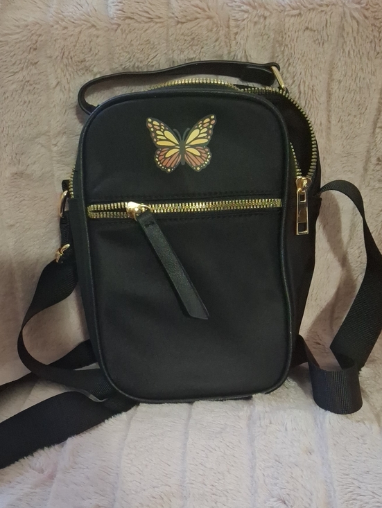Handbags - Black Crossbody Bag with Yellow-Orange Butterfly Accent